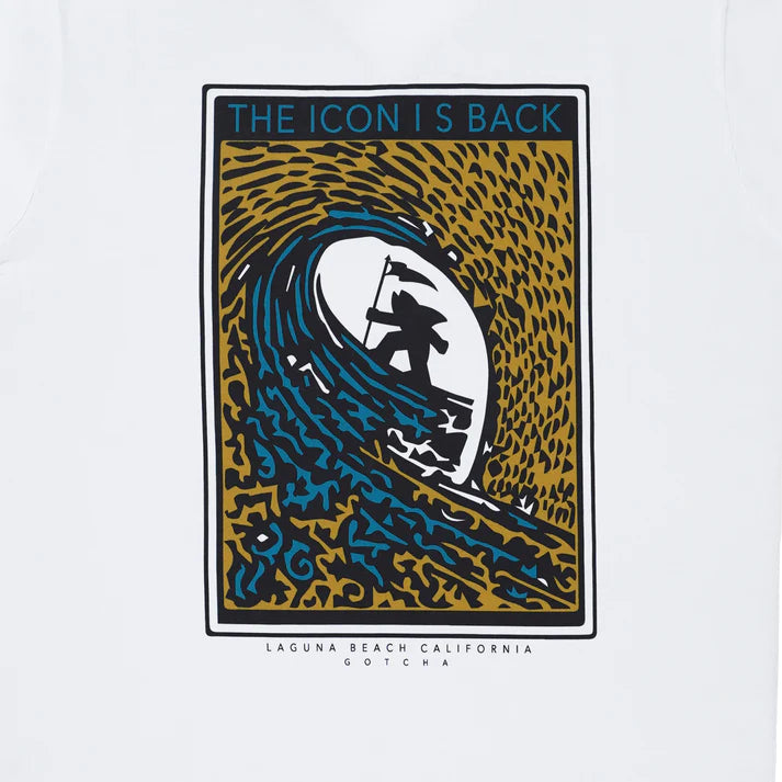 mens white surf tshirt with color surfing logo